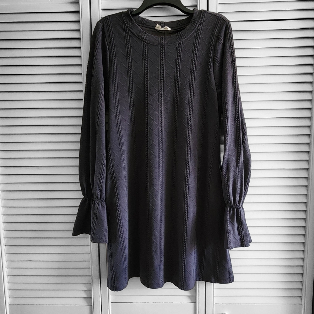 New In Textured Knit Dark Gray Bell Sleeve Dress